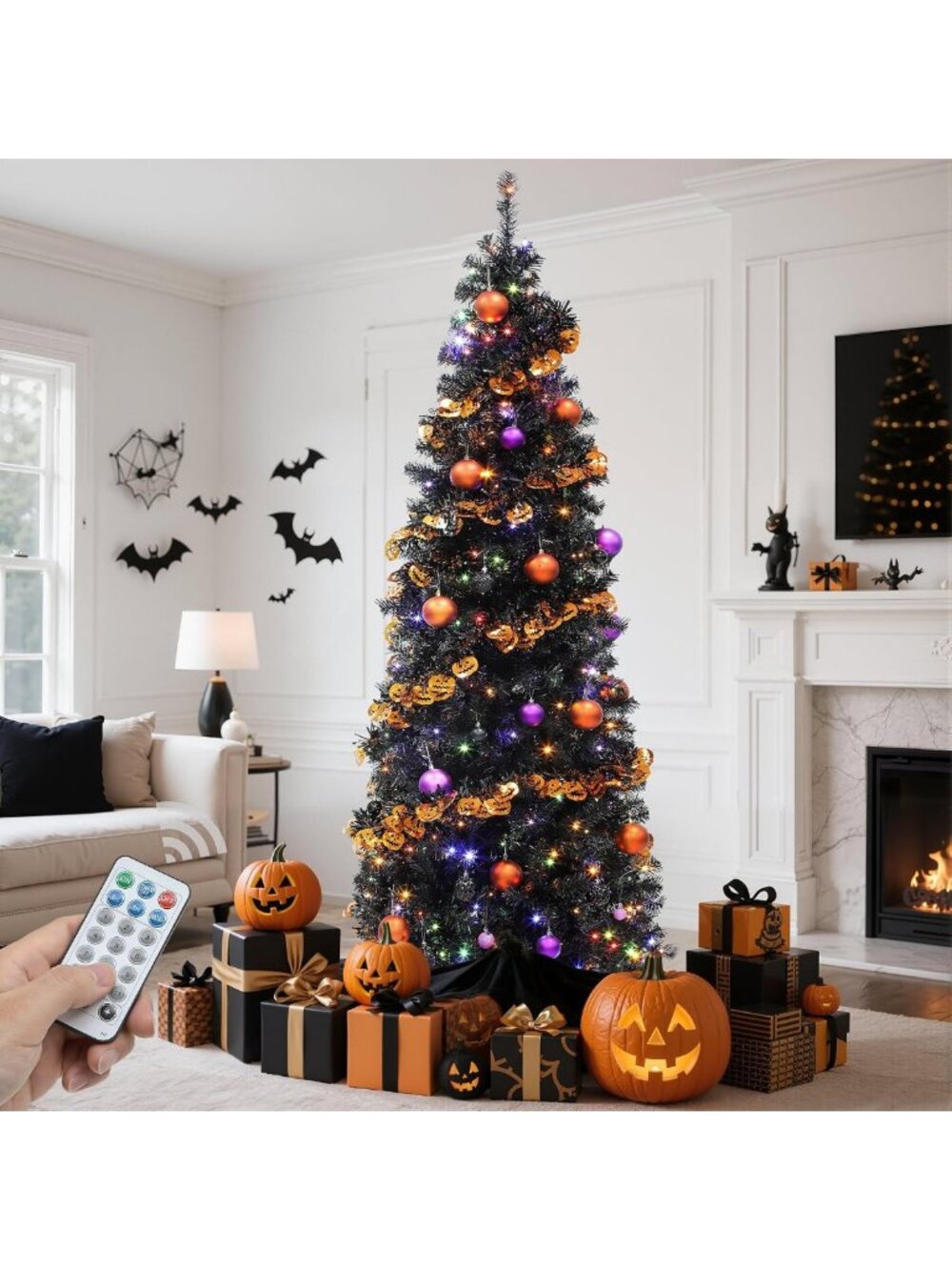 Prelit Black Pencil Fraser Fir Christmas Tree 7.5 FT w/Remote